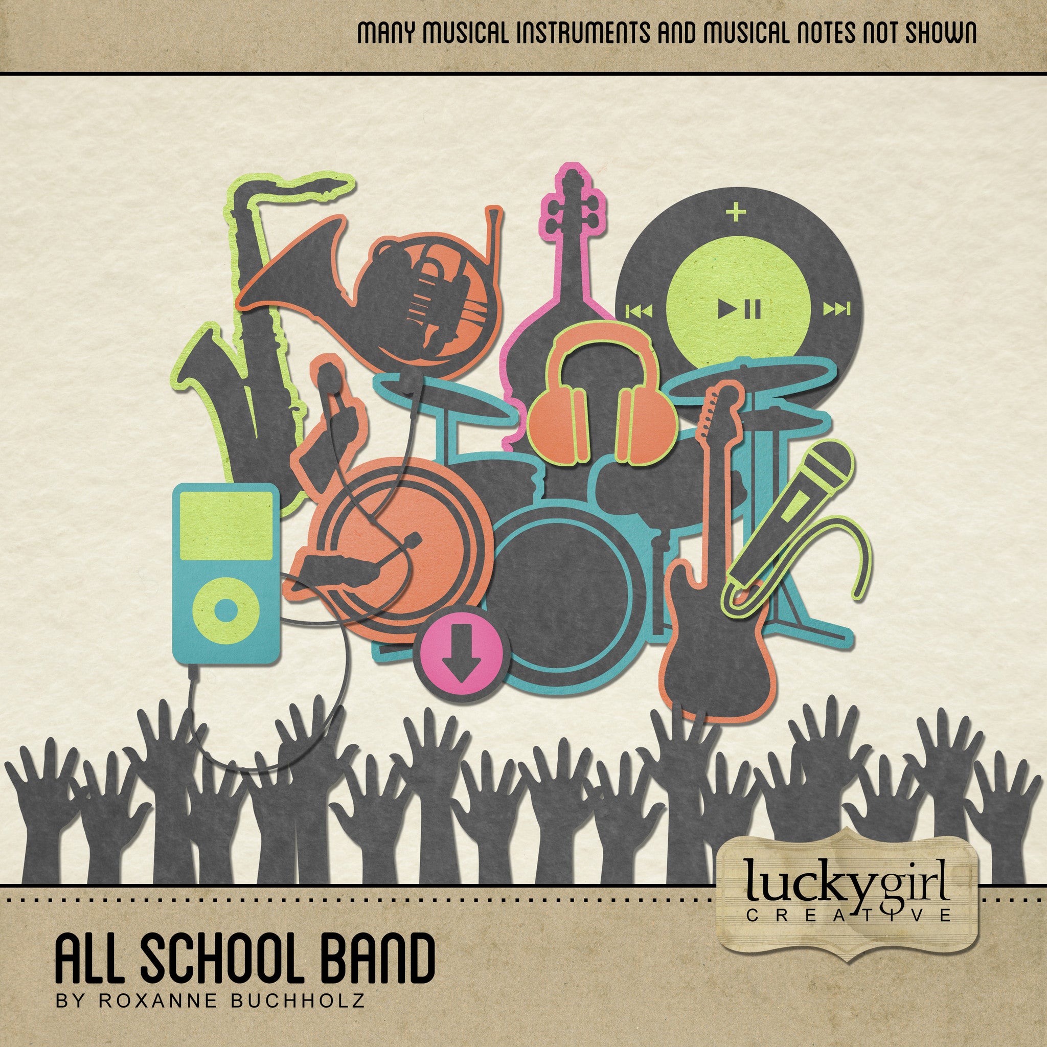 The All School Band Digital Scrapbook Kit by Lucky Girl Creative is a digital art collection that you’ll turn to again and again to celebrate each musical performer and special event in your family. Full of instruments, lighting and tickets; this 100-plus-item collection is designed in the same style and color palette as the All School Theater Digital Scrapbook Kit and can be used interchangeably.