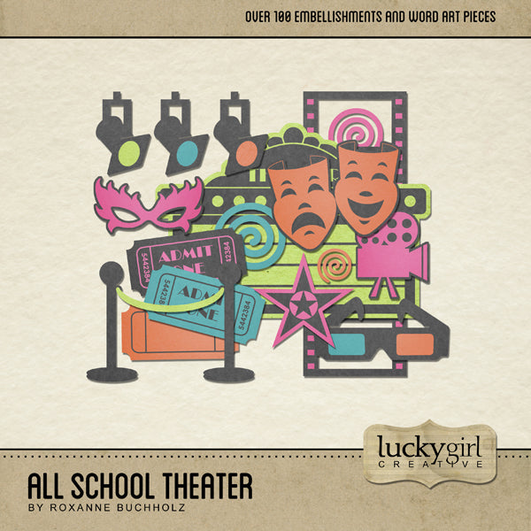 The All School Theater Digital Scrapbook Kit is full of school performance digital art embellishments which could be used for school theaters, music programs, and movie nights. This collection features bright, fun embellishments crafted with a silhouetted construction paper look. The All School Theater Digital Scrapbook Kit pairs perfectly with All School Band Digital Scrapbook Kit.