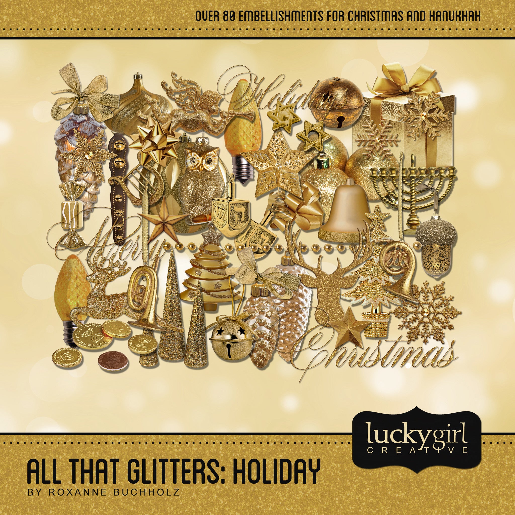This gold and glitter themed digital scrapbooking collection is right on trend and perfect for the holiday season whether for Christmas, Hanukkah, or the holidays in general. All That Glitters Holiday Digital Scrapbook Kit features a photo-realist style that would appeal to anyone and will make the perfect holiday cards and scrapbooking pages.