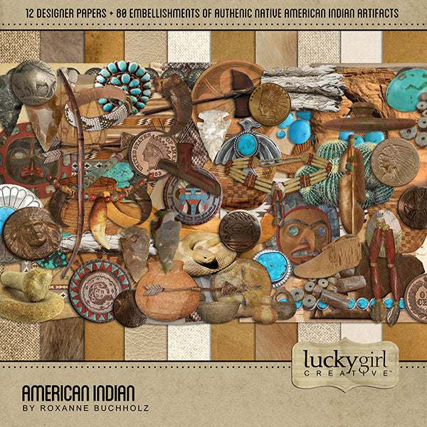 Long requested and hard to find in the digital art marketplace, the American Indian Digital Scrapbook Kit offers a slice of Native American culture with its beautifully presented historical artifacts. The earthen color palette features terracotta, turquoises, and other natural brown elements. Included are many Native Indian elements such as bows and arrows, arrowheads, buffalo, baskets, indigenous pottery, tomahawk, moccasin, peace pipes, snake skin, tipi, jewelry pieces and so much more.