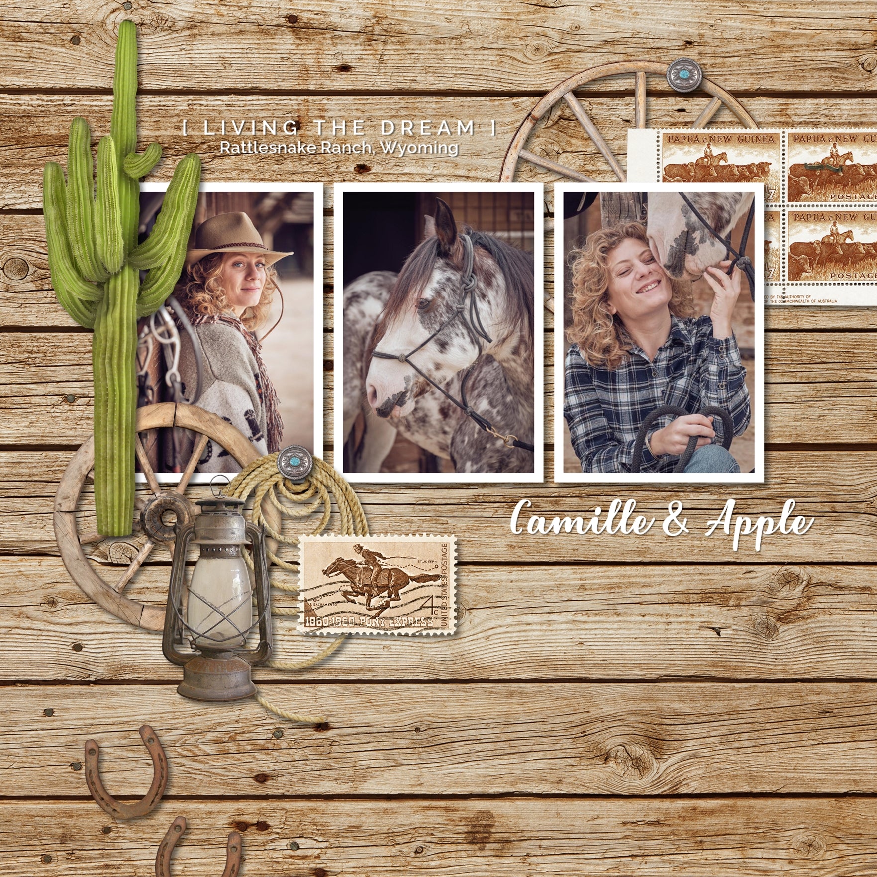 The antique color palette in the American Wild West 3 Digital Scrapbook Kit features western-themed digital art focusing on cowboy life on the prairie. Included are many western elements such as cowboy boots and spurs, sheriff badges, open wagons, covered wagon, ropes and rope frames, lantern, skulls, wagon wheels, belt buckles, cactus, windmill, cast iron skillet, saddle, saddle bag, guns, nails, powder horn, horseshoe, leather cuffs, dinner bell, barbed wire, pony express elements, and postage stamps.
