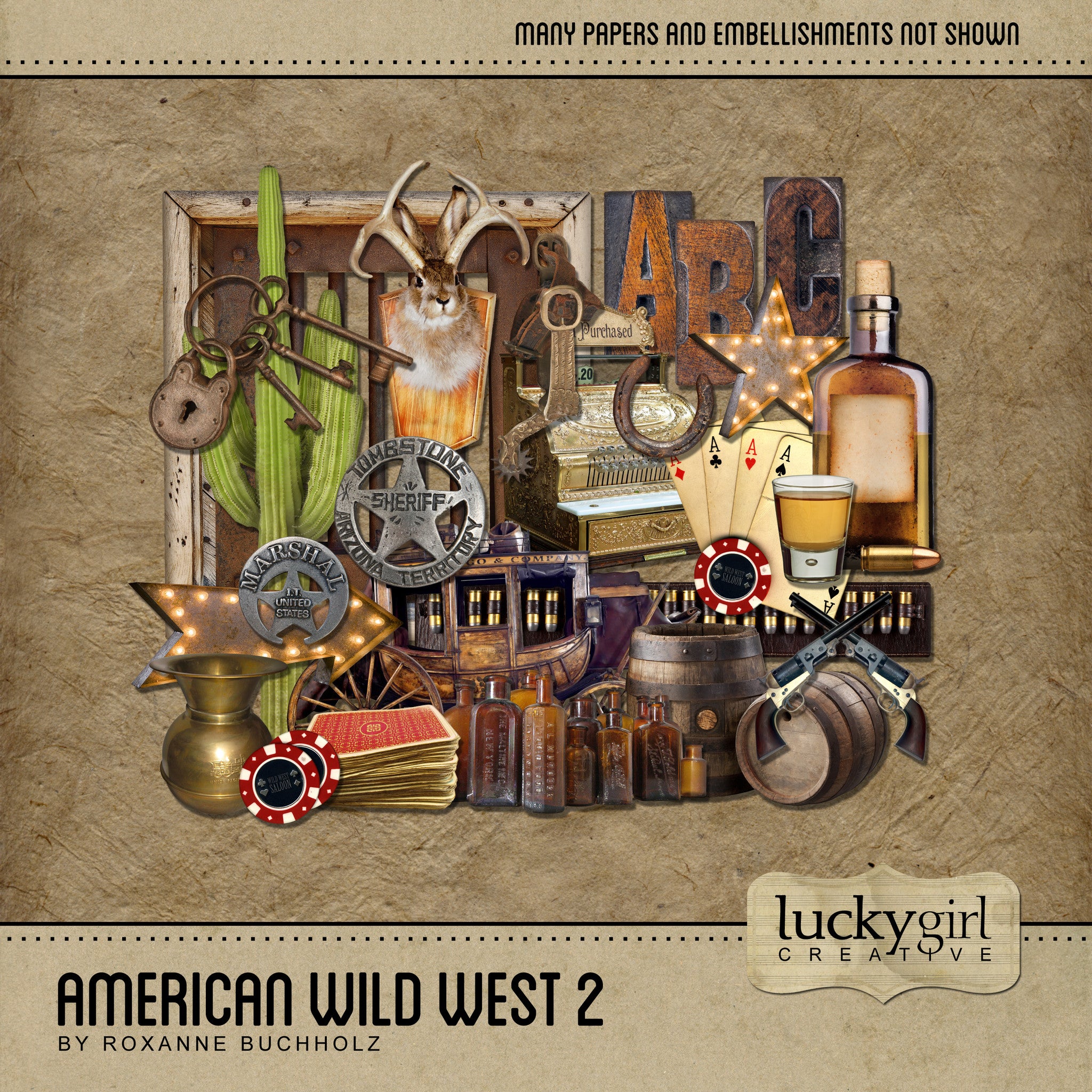 The antique color palette of the American Wild West 2 Digital Scrapbook Kit by Lucky Girl Creative features western-themed art focusing on the Wild, Wild West - life in saloons, on the trail, and behind bars. Included are many western elements such as cowboy boots and spurs, and whiskey glass, cactus plus an adorable jackalope.