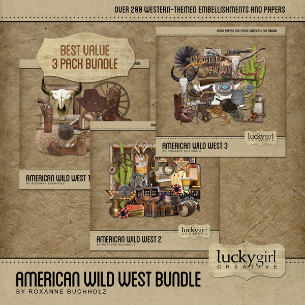 The most popular of all the Lucky Girl Creative digital art collections with its antique Western theme, the American Wild West Bundle is the perfect collection for all your rodeo and cowboy scrapbook pages, western websites, and other projects. The antique color palette features white-washed elements, rustic wood tones, metal pieces, and natural leather textures. The bundled kit combines 3 of the most popular Western themed collections to bring you the best value possible.