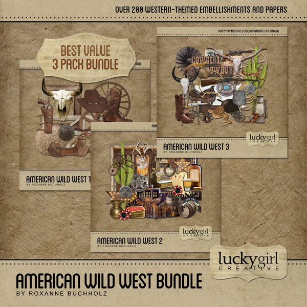 he most popular of all the Lucky Girl Creative digital art collections with its antique Western theme, the American Wild West Bundle is the perfect collection for all your rodeo and cowboy scrapbook pages, western websites, and other projects. The antique color palette features white-washed elements, rustic wood tones, metal pieces, and natural leather textures. The bundled kit combines 3 of the most popular Western themed collections to bring you the best value possible.