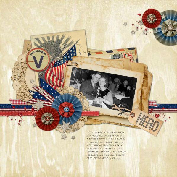 This two kit collection, Vintage Americana Digital Scrapbook Bundle, is the perfect digital art collection for patriotic American holidays and life stories from the World War II era. Full of ration books, military medals, buttons, and modern Americana word art. Take a peek and see what a rich contribution it could make to your own family story.