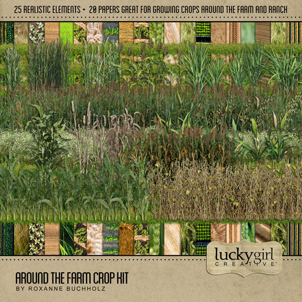 The Around the Farm Crop Digital Scrapbook Kit by Lucky Girl Creative explores life around the farm, barn, fields and garden. Digital embellishments and papers include corn, grain, beans, sprouts, rows, fields, rice, grass, wheat, hay, straw, cabbage, potatoes, barley, fruit trees, and more!