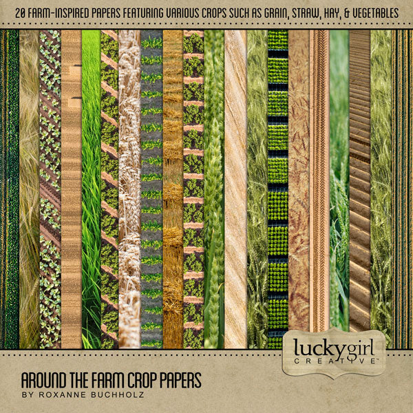 The Around the Farm Crop Papers Digital Scrapbook Kit by Lucky Girl Creative explores life around the farm, barn, fields and garden. Digital paper textures include barley, cabbage, fruit trees, grain, hay, hay bales, plowed field, potatoes, rice, rye, seedlings, sweetgrass field, vineyard, wheat, and harvest crops.