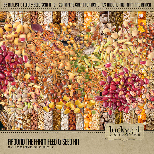 The Around the Farm Feed & Seed Digital Scrapbook Kit by Lucky Girl Creative explores life around the farm, barn, and in the fields with realistic embellishments and papers. Digital scatter elements include barley, buckwheat, corn, hay, straw, feed pellets, quinoa, wheat, beans, flax, rice, peanuts, peas, soybeans, sunflower seeds, scatters, and realistic papers!