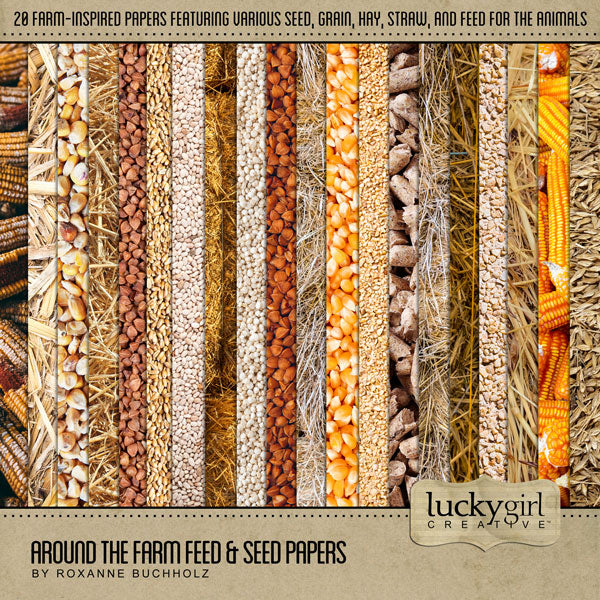 The Around the Farm Feed & Seed Papers Digital Scrapbook Kit by Lucky Girl Creative explores life around the farm, barn, fields and garden. Digital paper textures include grain, barley, buckwheat, corn, hay, straw, pellets, seeds, wheat, and more.