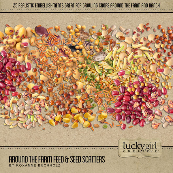 The Around the Farm Feed & Seed Elements Digital Scrapbook Kit by Lucky Girl Creative explores life around the farm, barn, and in the fields. Digital scatter elements include barley, buckwheat, corn, hay, straw, feed pellets, quinoa, wheat, beans, flax, rice, peanuts, peas, soybeans, sunflower seeds, scatters, and realistic papers!