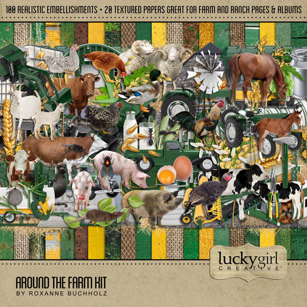 With modern agriculture machinery and tractor equipment, barnyard animals, and other realistic farm and ranch elements, this Around the Farm Digital Scrapbooking Kit by Lucky Girl Creative will showcase your farm photos in authentic style. Also great for documenting farm field trip visits, 4H projects, or state and county fairs. 