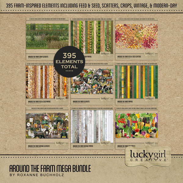 The Around the Farm Mega Bundle by Lucky Girl Creative explores life around the farm, barn, and garden. With modern agriculture machinery and tractor equipment, barnyard animals, crops, feed and seed, garden vegetables, and vintage farm elements, this digital scrapbooking collection will showcase your farm photos in authentic style. Also great for documenting farm field trip visits, 4H projects, or state and county fairs.