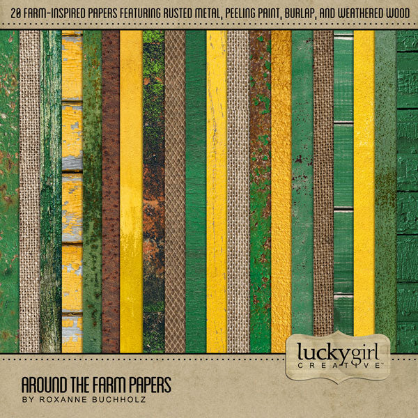 The Around the Farm Papers Kit by Lucky Girl Creative explores life around the farm, barn, fields and garden. Digital paper textures include John Deere inspired colors (yellow and green) on weathered wood, metal, burlap, rust, and grunge backgrounds.