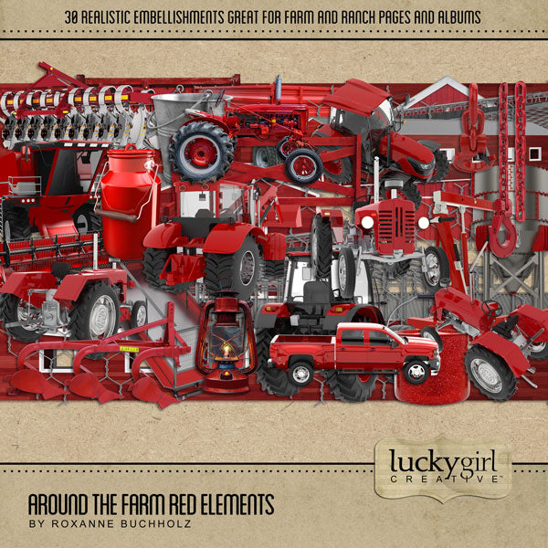 The Around the Farm Red Digital Scrapbook Kit by Lucky Girl Creative explores life around the farm in a stunning shade of tractor and barn red.  Elements include a barn, metal building, chain, hook, chicken wire, fence, gate, grainery, lantern, machinery lift, milk bucket, milk jug, cooking pot, tractor, farm equipment, farm machinery, trailer, and pickup truck. 
