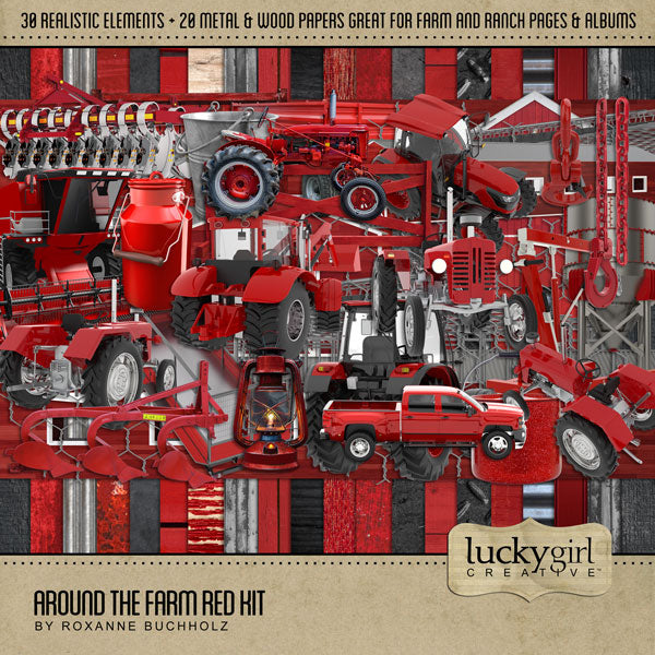 The Around the Farm Red Digital Scrapbook Kit by Lucky Girl Creative explores life around the farm, barn, fields and garden. Elements include barn, metal building, chain, hook, chicken wire, fence, gate, grainery, lantern, machinery lift, milk bucket, milk jug, cooking pot, tractor, farm equipment, farm machinery, trailer, and pickup truck. 
