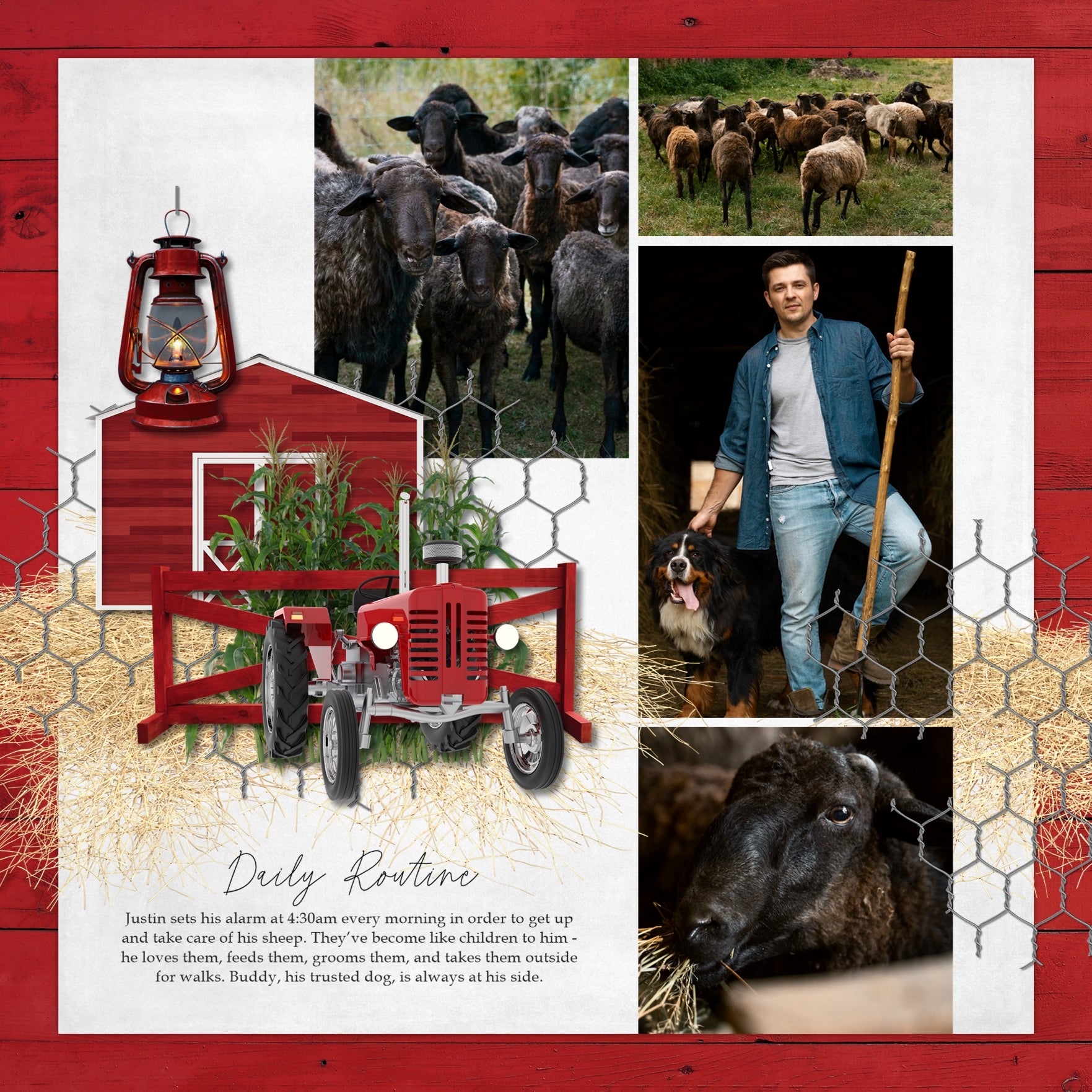 The Around the Farm Red Digital Scrapbook Kit by Lucky Girl Creative explores life around the farm, barn, fields and garden. Elements include barn, metal building, chain, hook, chicken wire, fence, gate, grainery, lantern, machinery lift, milk bucket, milk jug, cooking pot, tractor, farm equipment, farm machinery, trailer, and pickup truck.
