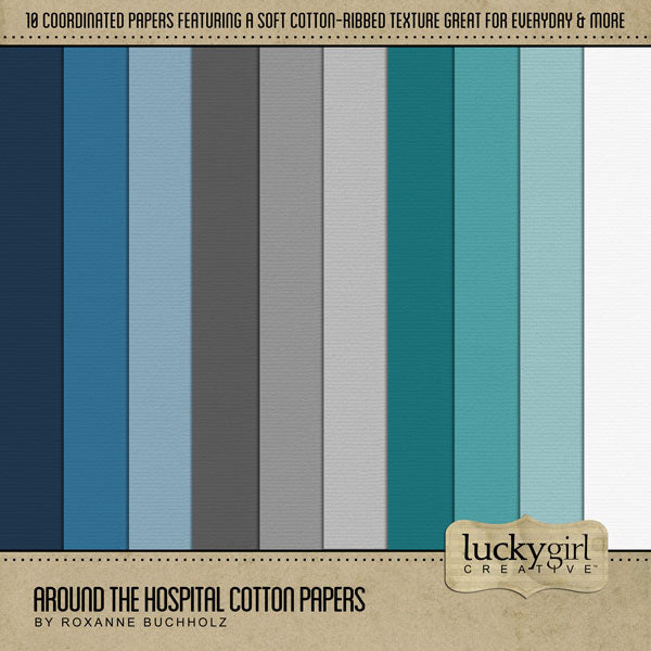 The Around the Hospital Cotton Digital Scrapbook Papers by Lucky Girl Creative explores healthcare life around the hospital, emergency room, and doctor’s office. With a soft ribbed texture, these papers coordinate with the Around the Hospital series but work great for everyday, too.