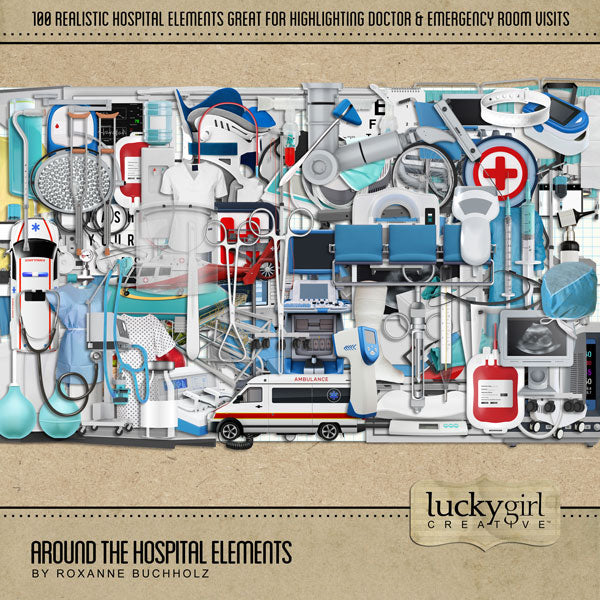 The Around the Hospital Elements Digital Scrapbook Kit by Lucky Girl Creative explores healthcare life around the hospital, emergency room, and doctor’s office.