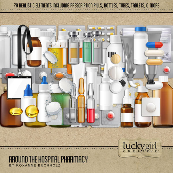 The Around the Hospital Pharmacy Digital Scrapbook Kit by Lucky Girl Creative explores healthcare life around the hospital pharmacy, emergency room, drug store, and doctor’s office.  Elements include security badge, bottles, prescription bottles, pill bottle, pills, meds, medication, ampoules, eye dropper, cough syrup, vitamins, blister packs, glass insulin bottles, caplets, fizz tablets, plastic bags, and more!