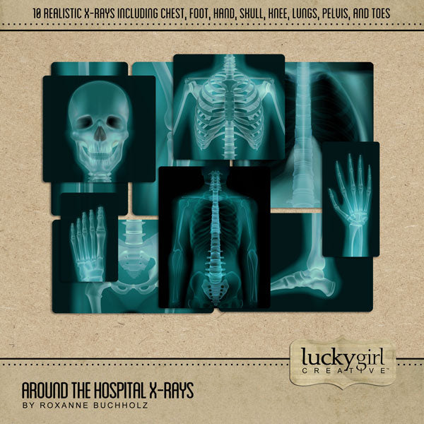 The Around the Hospital X-rays Digital Scrapbook Kit by Lucky Girl Creative explores healthcare life around the hospital, emergency room, and doctor’s office. The x-rays include chest, torso, foot, hand, skull, head, knee, lungs, pelvis, and toes.