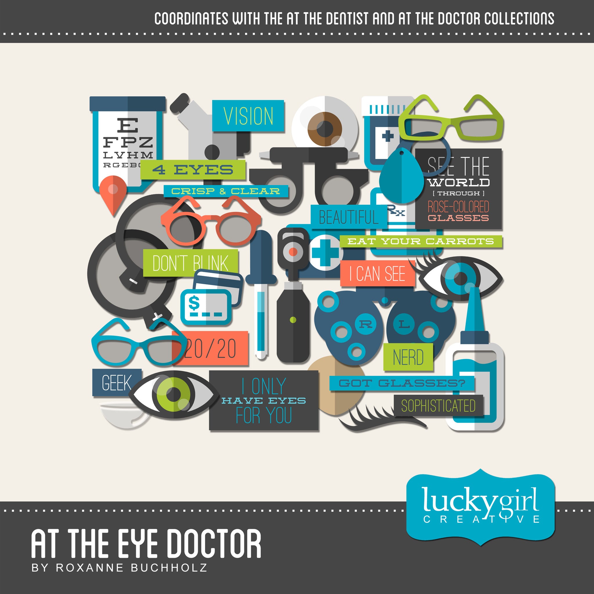 This fun and playful At the Eye Doctor Digital Scrapbook Kit is perfect for modern and fresh medical elements to be used with your personal digital scrapbooking and digital art projects. The At the Eye Doctor digital scrapbook kit pairs perfectly with my At the Dentist and At the Doctor Digital Scrapbook Kits which features all the medical necessities you’ll ever need for creating the perfect scrapbook page.