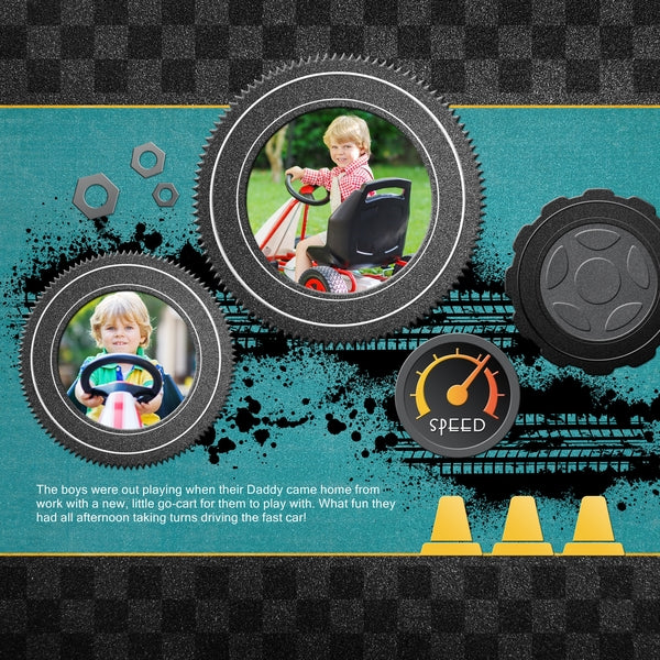 An expansive collection, the At the Speedway Digital Scrapbook Bundle by Lucky Girl Creative is a fun and contemporary set of raceway and vehicle themed digital art pieces. With over 300 embellishments and word art pieces between the three coordinating At the Speedway Digital Scrapbook Kits, this collection is sure to have something for everyone! At the Speedway Digital Scrapbook Kit, the main collection, contains all of the motorcycles, automobiles, and helicopters you could ever desire.
