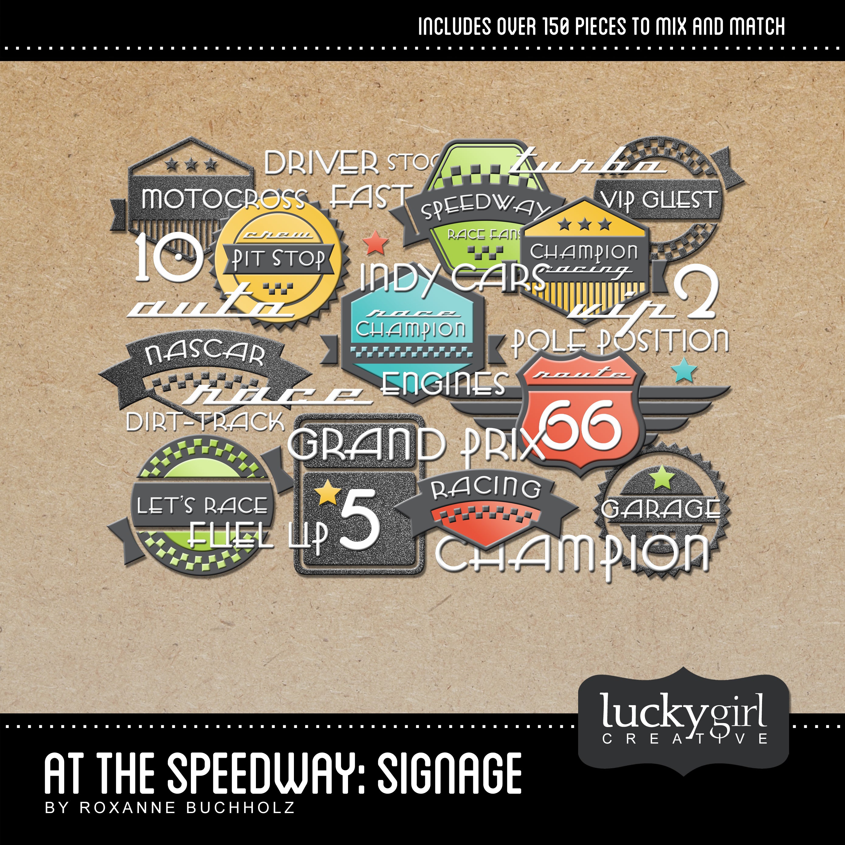 At the Speedway Signage Digital Scrapbook Kit by Lucky Girl Creative contains digital art labels, stamps, word art, and everything you could want to create your own custom word art and titles. The style and colors coordinate perfectly with the rest of the At the Speedway Digital Scrapbook Kit collections.