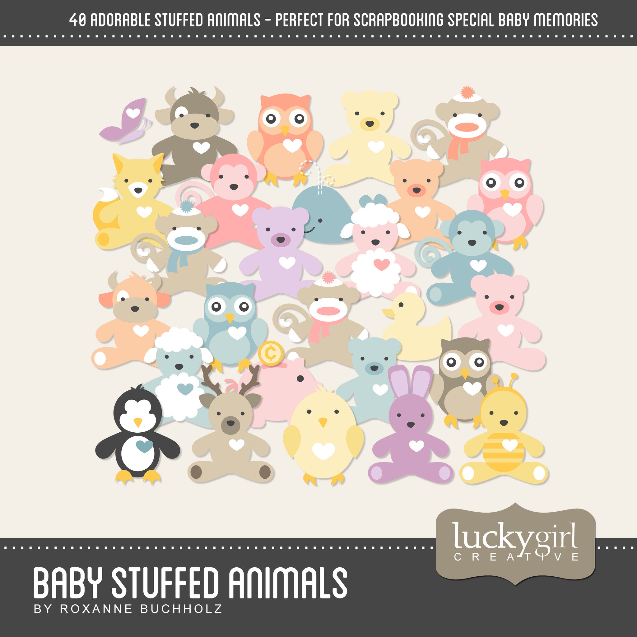 This fun and adorable Baby Stuffed Animals Digital Scrapbook Kit is perfect for modern and fresh baby elements to be used with your personal digital scrapbooking projects. The Baby Stuffed Animals Digital Scrapbook Kit pairs perfectly with the other Baby digital art collections which feature all the baby and toddler necessities you’ll ever need.