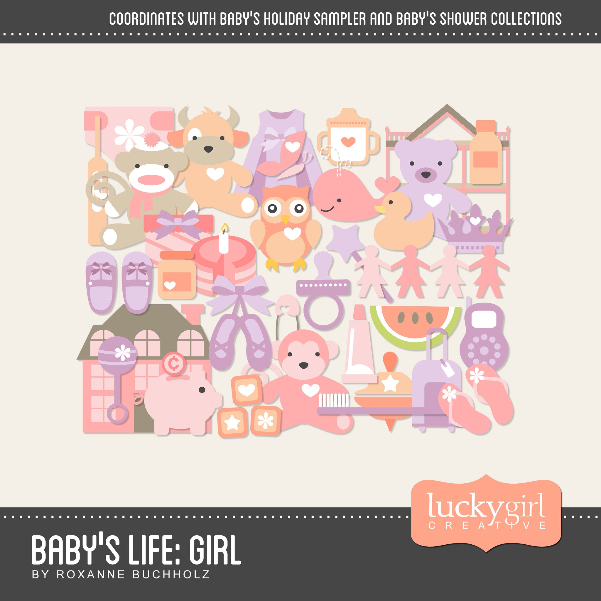 Baby Girl Digital Scrapbook Kit is a clean and contemporary collection of 100+ baby and little girl-themed digital art embellishments. From ballet slippers and butterflies to princess crowns and piggy banks, this art collection is perfect for any of your sweet baby girl and precious mother daughter projects.