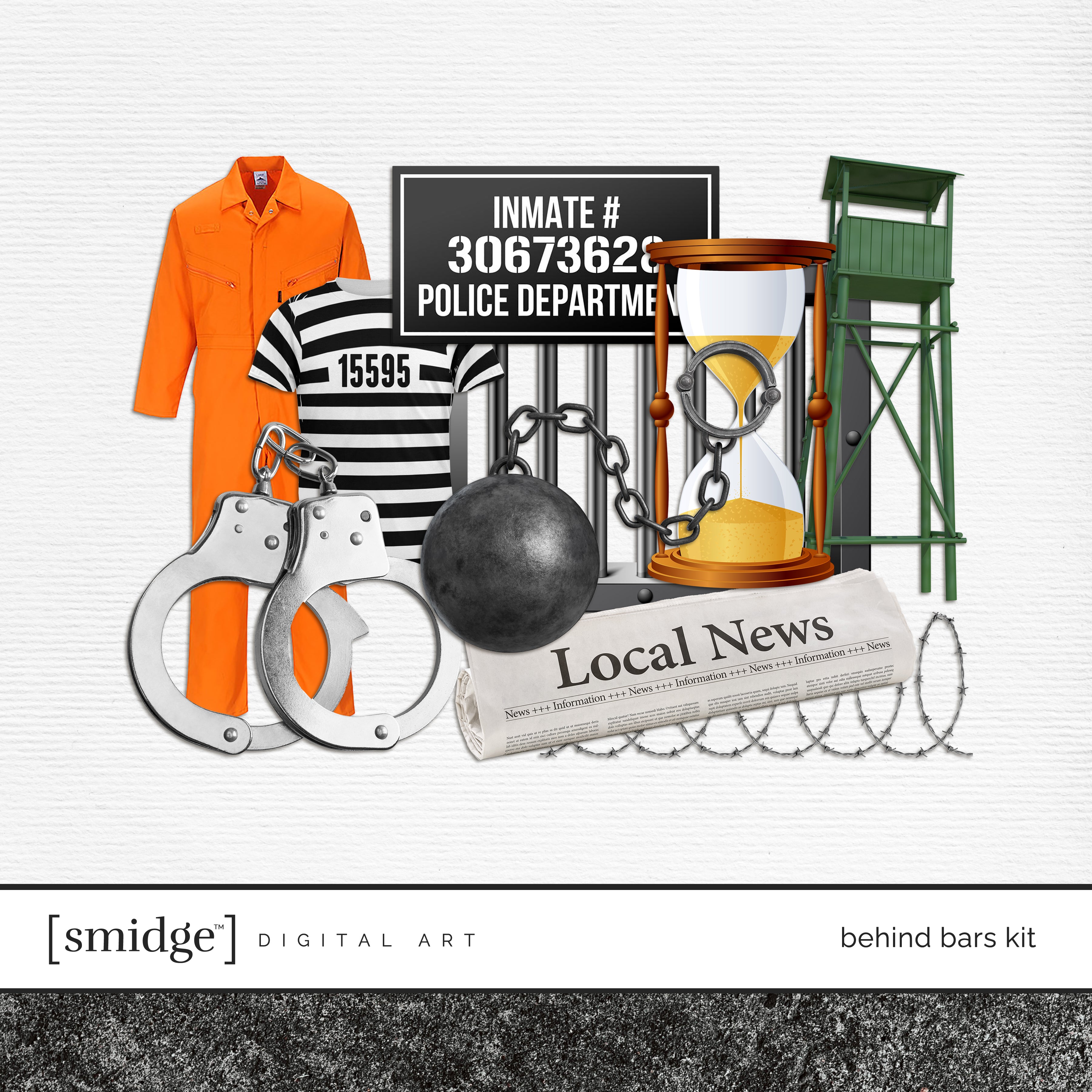 Establish your alibi! If you love watching true crime shows or enjoy murder mystery, now is your chance to pick up this realistic Behind Bars Digital Scrapbooking Kit filled with a perfect smidge of digital art elements. Digital embellishments include orange jumpsuit, inmate sign from police department, local newspaper, barbed wire, handcuffs, black and white striped t-shirt, bars on window, ball and chain, criminal watch tower, and hourglass.