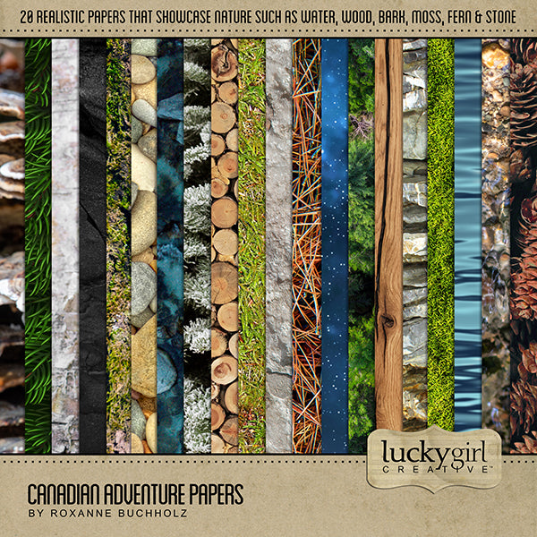 Adventure and explore through Canada with these beautiful and realistic nature inspired papers by Lucky Girl Creative. Includes wood, logs, evergreen, pine, pine straw, moss, rocks, water, pinecones, granite, and more. Great for vacations across Canada and Alaska as well as those that love outdoor adventure!