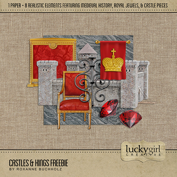This free mini digital art kit, Castles & Kings Freebie Digital Scrapbook Kit, includes an assortment of realistic vintage embellishments and a paper inspired by all things related to castles and kings. Be sure to check-out the entire Castles & Kings series. 