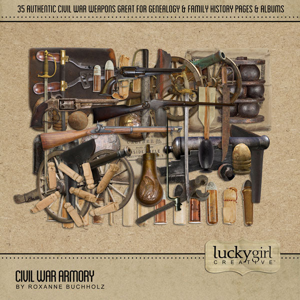 Extensively researched and years in the making, this Civil War Mega series by Lucky Girl Creative has everything you need to accent your family history and genealogy projects. The armory collection is also great for American Civil War History buffs, Civil War reenactments, Grand Army of the Republic (GAR), and vacations to tour Civil War battlefields and battle sites throughout the United States.