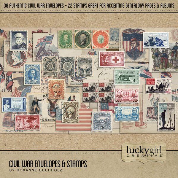 Extensively researched and years in the making, this Civil War Mega series by Lucky Girl Creative has everything you need to accent your family history and genealogy projects. The envelopes and stamps collection is also great for American Civil War History buffs, Civil War reenactments, Grand Army of the Republic (GAR), and vacations to tour Civil War battlefields and battle sites throughout the United States.