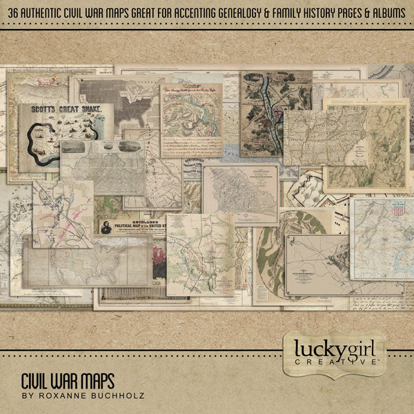 Extensively researched and years in the making, this Civil War Mega series by Lucky Girl Creative has everything you need to accent your family history and genealogy projects. The maps collection is also great for American Civil War History buffs, Civil War reenactments, Grand Army of the Republic (GAR), and vacations to tour Civil War battlefields and battle sites throughout the United States.