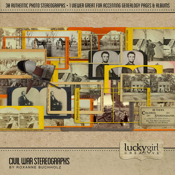 Extensively researched and years in the making, this Civil War Mega series by Lucky Girl Creative has everything you need to accent your family history and genealogy projects. The stereographs collection is also great for American Civil War History buffs, Civil War reenactments, Grand Army of the Republic (GAR), and vacations to tour Civil War battlefields and battle sites throughout the United States.