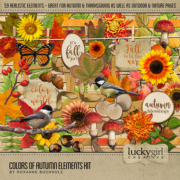 Fall is in the air and these autumn digital art essentials will help you add those special touches to your digital scrapbook pages and albums all season long. Features leaves, woodland birds and butterflies, mushrooms, wood slices, flowers, and more!