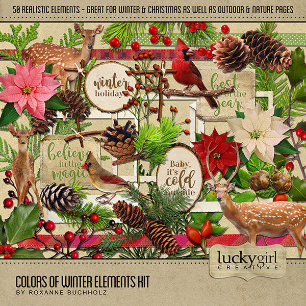 Winter is here and these seasonal digital art essentials will help you add those special touches to your digital scrapbook pages and albums all season long. Features woodland animals, evergreen pin, berries, pinecones, poinsettia, and more!