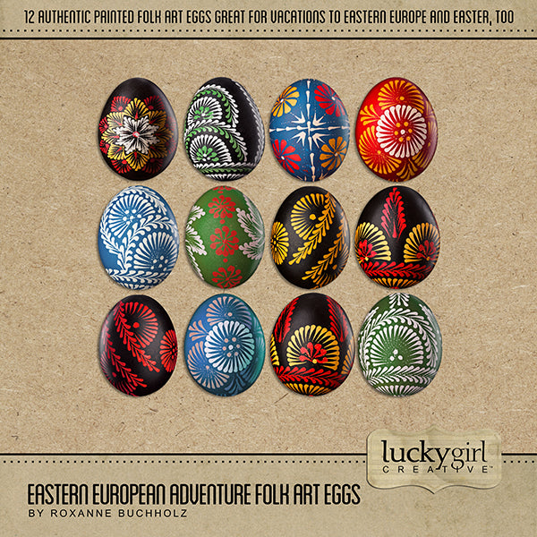 Adventure and explore through Eastern Europe with this beautiful and realistic travel kit by Lucky Girl Creative filled with hand-painted folk art eggs. Great for Easter pages, too! 