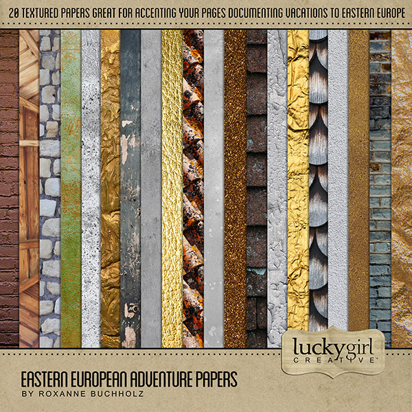 Adventure and explore through Eastern Europe with these beautiful textured, wood, brick, gold, grunge, and stone digital art papers by Lucky Girl Creative.