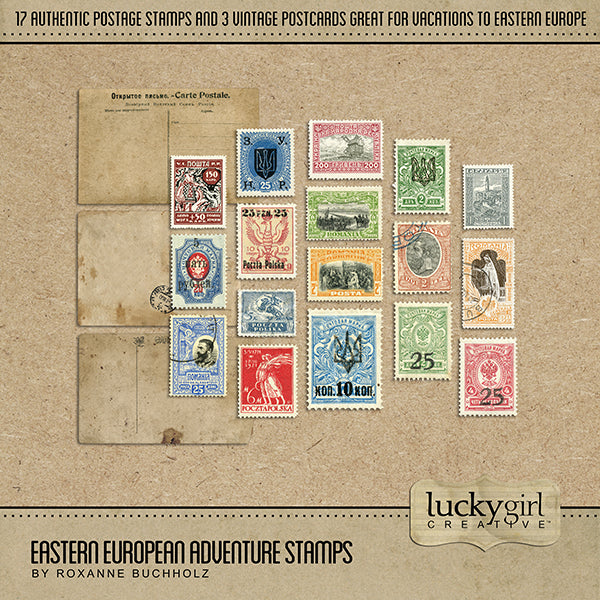 Adventure and explore through Eastern Europe with this beautiful and realistic travel kit by Lucky Girl Creative filled with vintage postage stamps and postcards. Postage stamps include vacation destinations such as Bulgaria, Poland, Romania, Russia, and Ukraine.