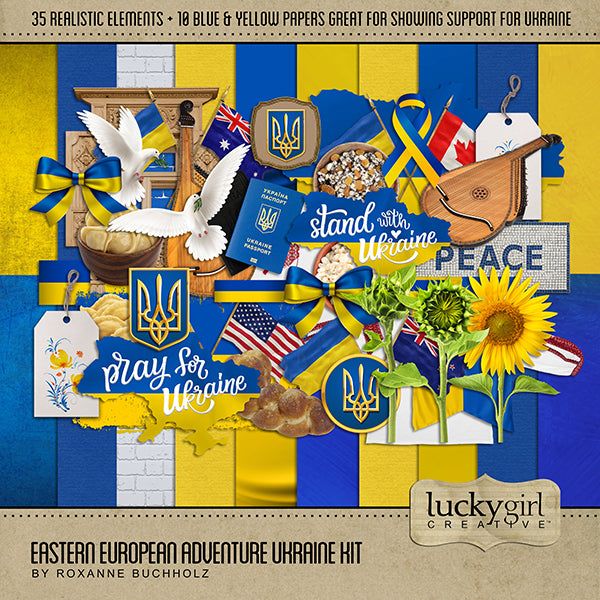 Show your support of Ukraine with this beautiful travel digital kit by Lucky Girl Creative filled with authentic Ukrainian papers and embellishments. Pray for Ukraine. Stand with Ukraine.