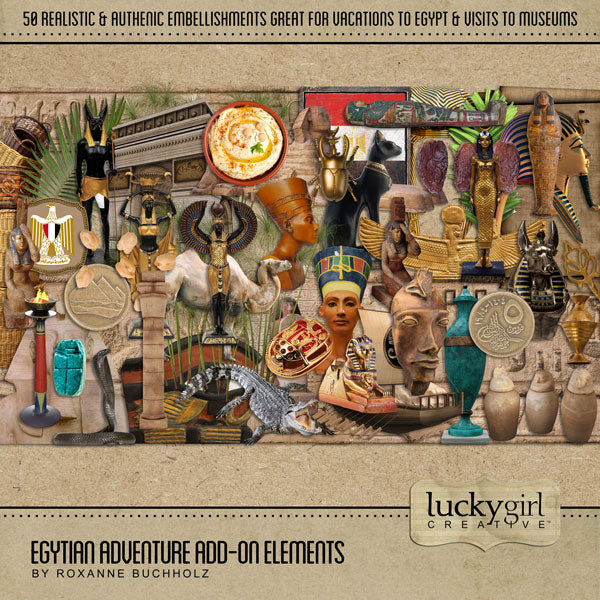 Adventure and explore through Egypt with this beautiful and realistic travel kit by Lucky Girl Creative filled with authentic Egyptian embellishments only. Bring your vacation pages to Egypt to life!