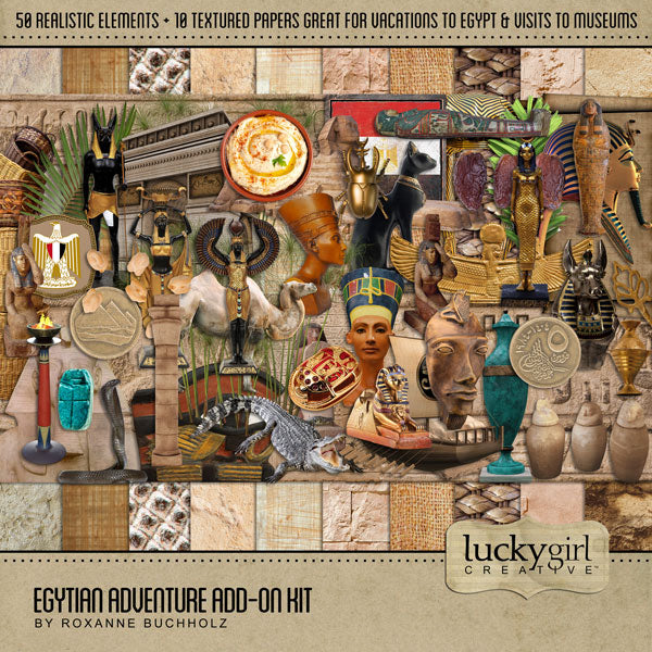 Adventure and explore through Egypt with this beautiful and realistic travel kit filled with authentic Egyptian embellishments and papers. Bring your vacation pages to Egypt to life!
