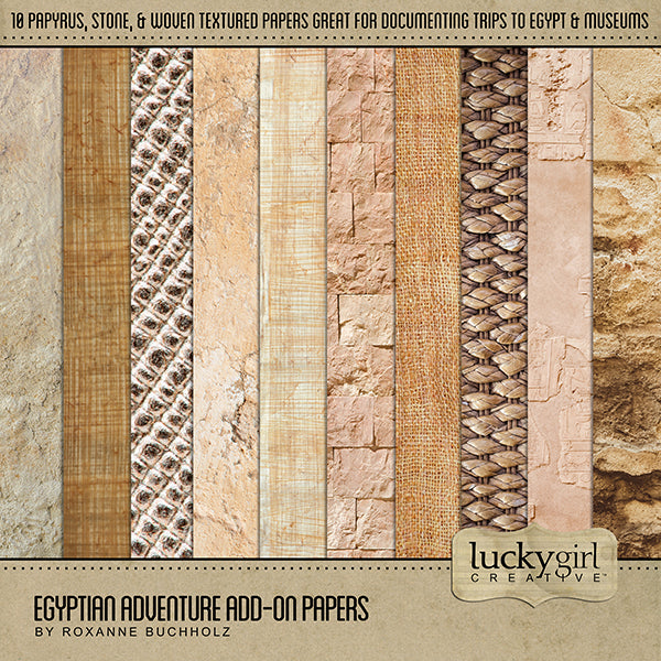 Adventure and explore through Egypt with these beautiful textured, papyrus, stone, and woven digital art papers by Lucky Girl Creative. Bring your vacation pages to Egypt to life!