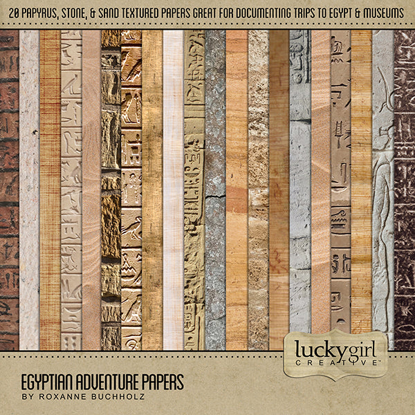 Adventure and explore through Egypt with these beautiful textured, papyrus, stone, hieroglyphics, and sand digital art papers by Lucky Girl Creative. Bring your vacation pages to Egypt to life!