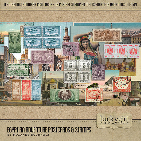 Adventure and explore through Egypt with this beautiful and realistic digital art travel kit filled with vintage postage stamps and postcards. Postcards include vacation destinations such as Alexandria, Cairo, Boulaq Street, Jaffa Market Place, and Pyramids of Giza.