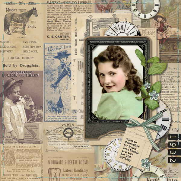 The Vintage Memories Clock Faces Digital Scrapbook Kit includes antique watch and clock faces which are the perfect way to accent your vintage family history and genealogy projects. Look to the Vintage Memories digital art collection for all coordinating kits.