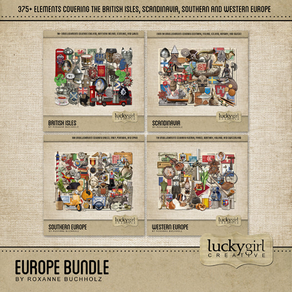 This diverse collection, Europe Digital Scrapbook Bundle, features European digital art embellishments will help add those special touches to your recent or upcoming vacation. This collection has a natural color palette with vintage-looking maps, postcards, and postage stamps but with modern pops of greens, blue, reds, and yellows.