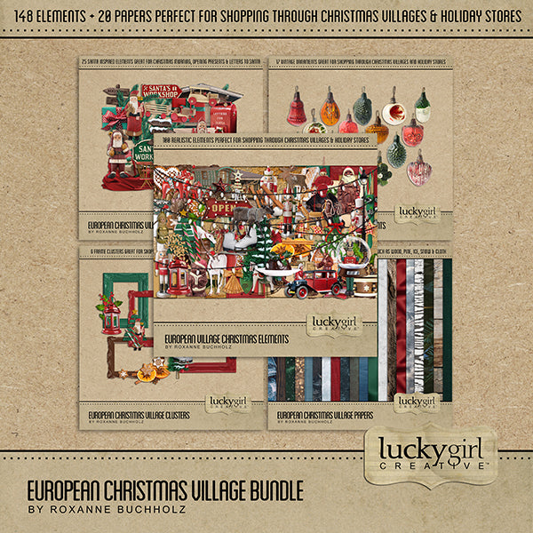 Perfect for travels to Europe during Christmas, preserving memories and traditions of your family history, remembering Christmas at home, pictures with Santa Claus, or holiday shopping in quaint Christmas villages and shops, this digital art bundle is full of realistic embellishments